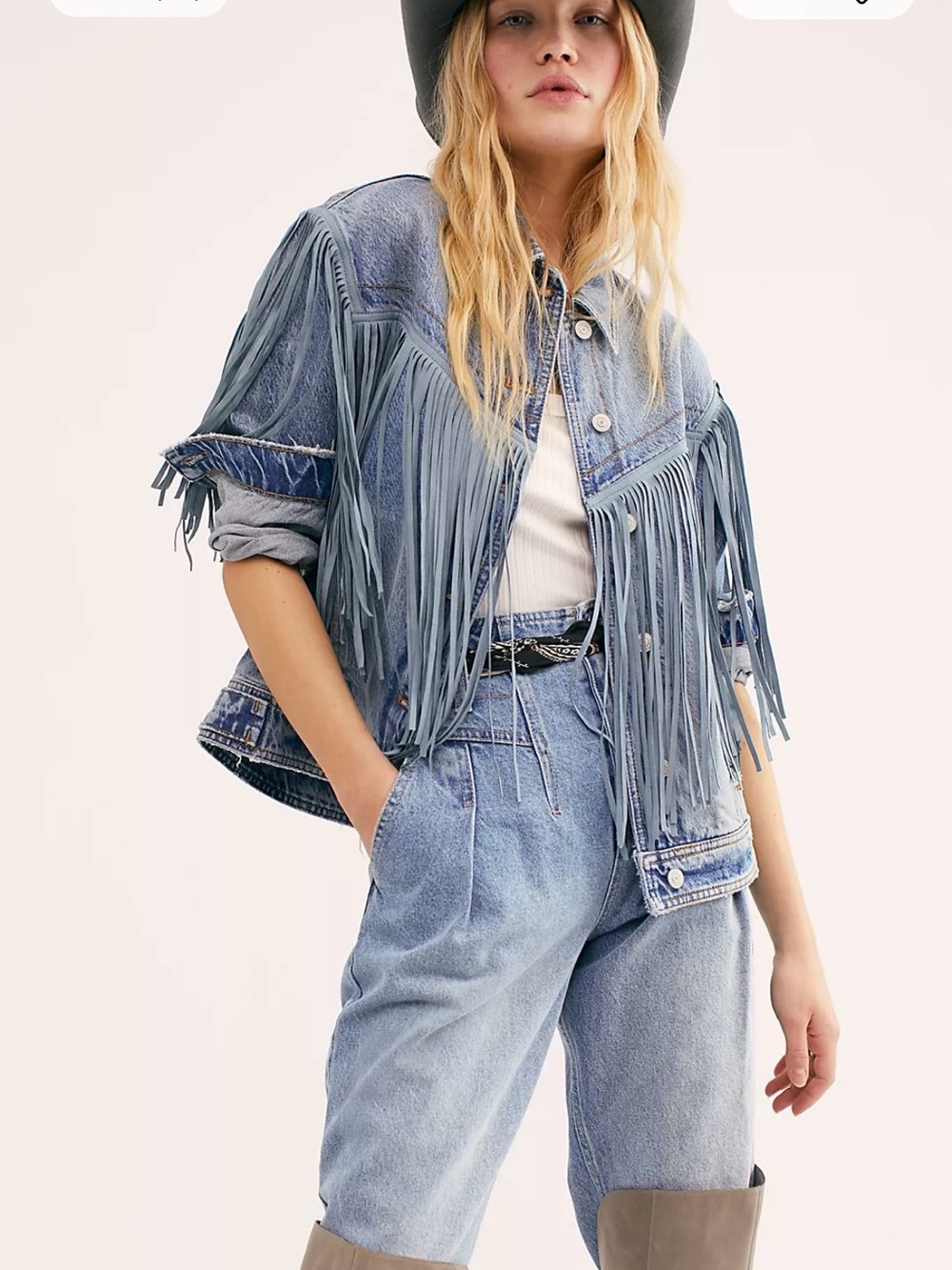 Free People We The Free After Hours Fringe Denim Jacket XL
